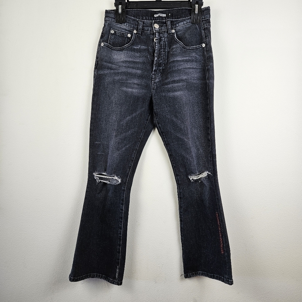 Adaptation Hi-Rise Kick Flare Crop Jean Black Distressed Size 29